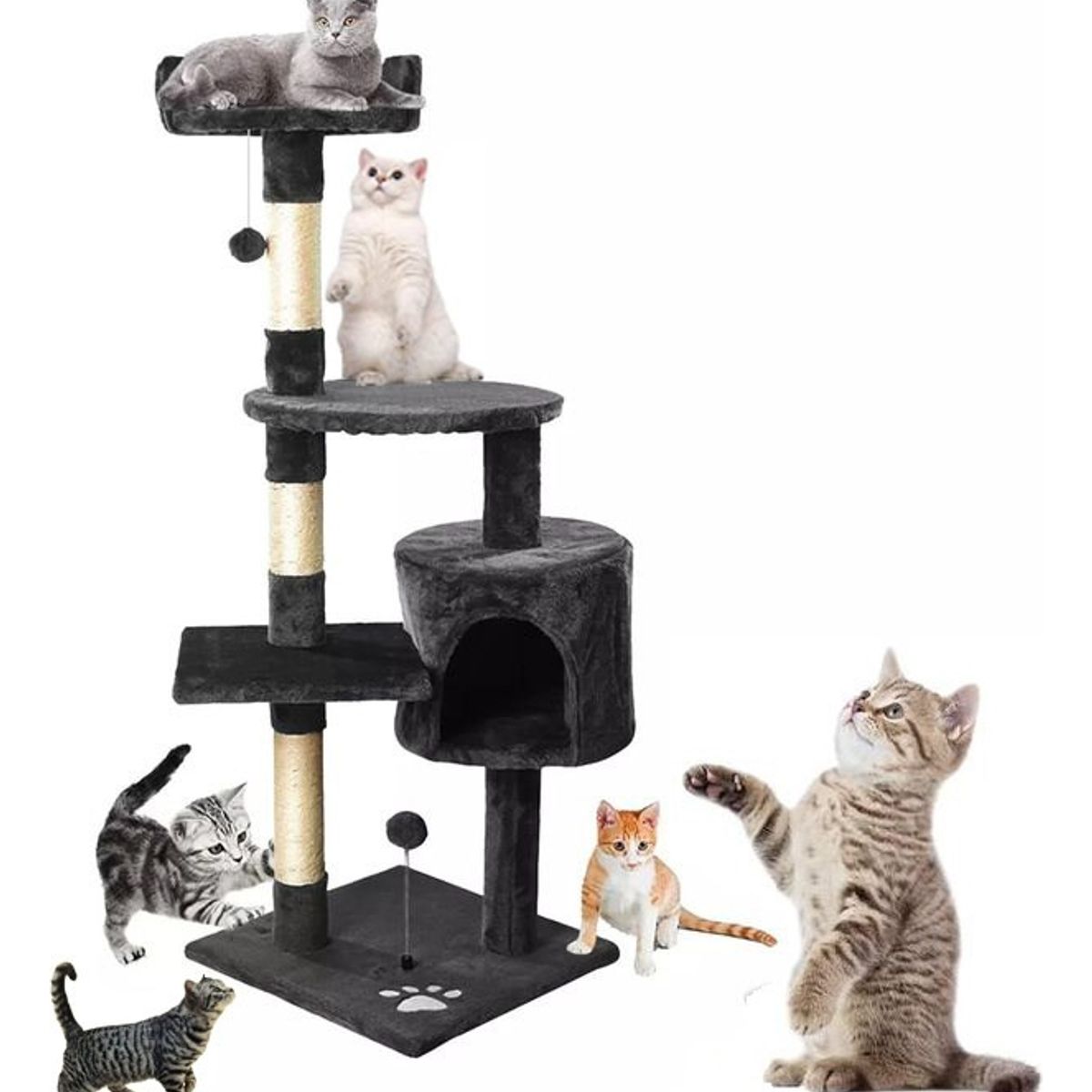 EVERSO - Torre Rascador Yute Arbol Para Gatos Pompones Escaler 138cm