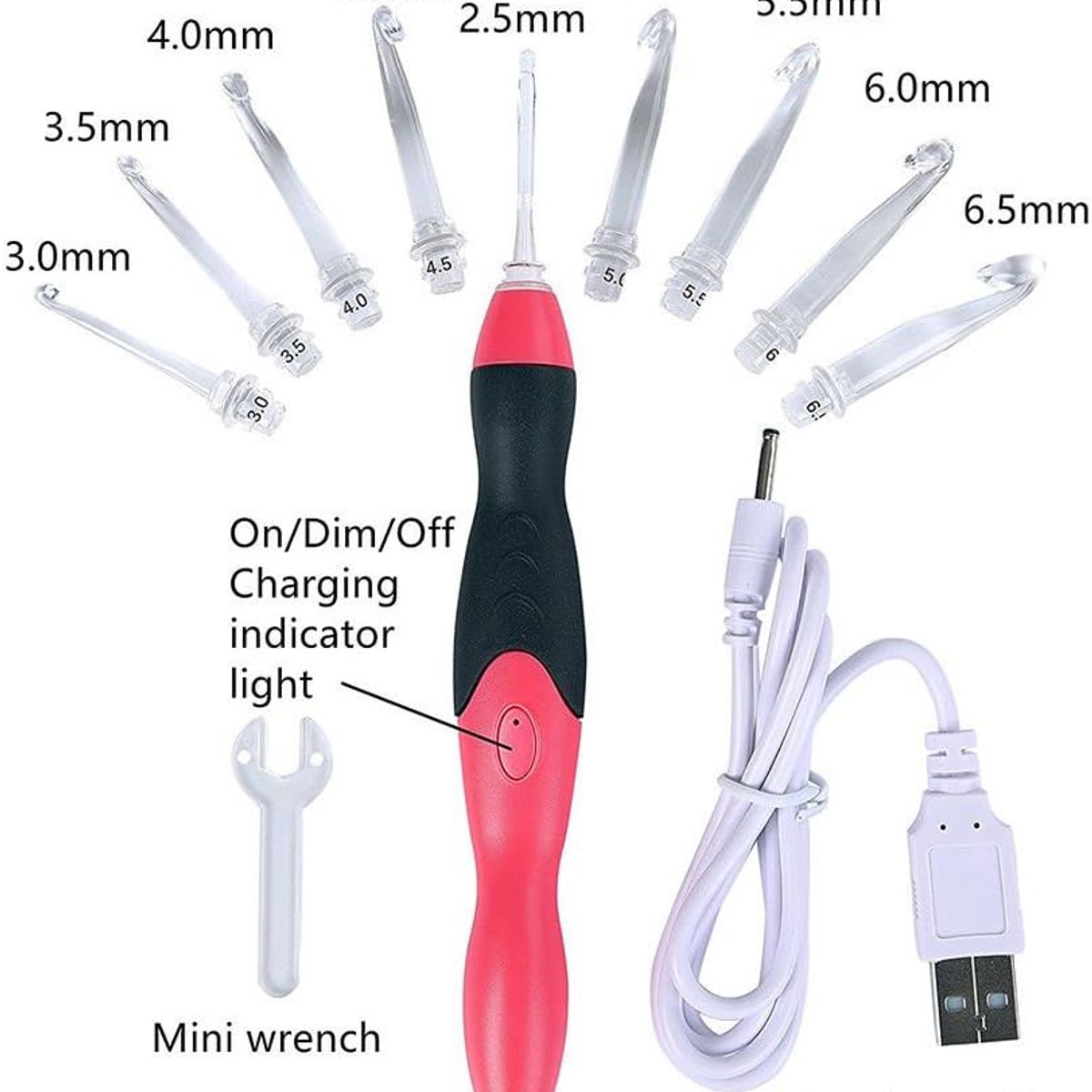 KUANGYE - Set De Crochet Con Luz Led 9 Cabezales Recargable Por Usb