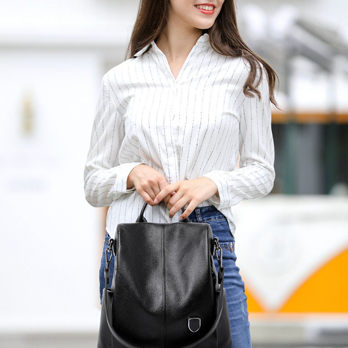 PUREPOWER - Mochila Mujer Cuero Vacuno Retro Grande Capacidad - Negro Unicolo