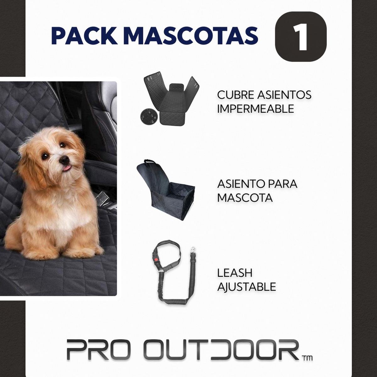 PRO OUTDOOR - Pack Mascota 1 (Cubre Asientos, Asiento para mascotas y Correa Leash)