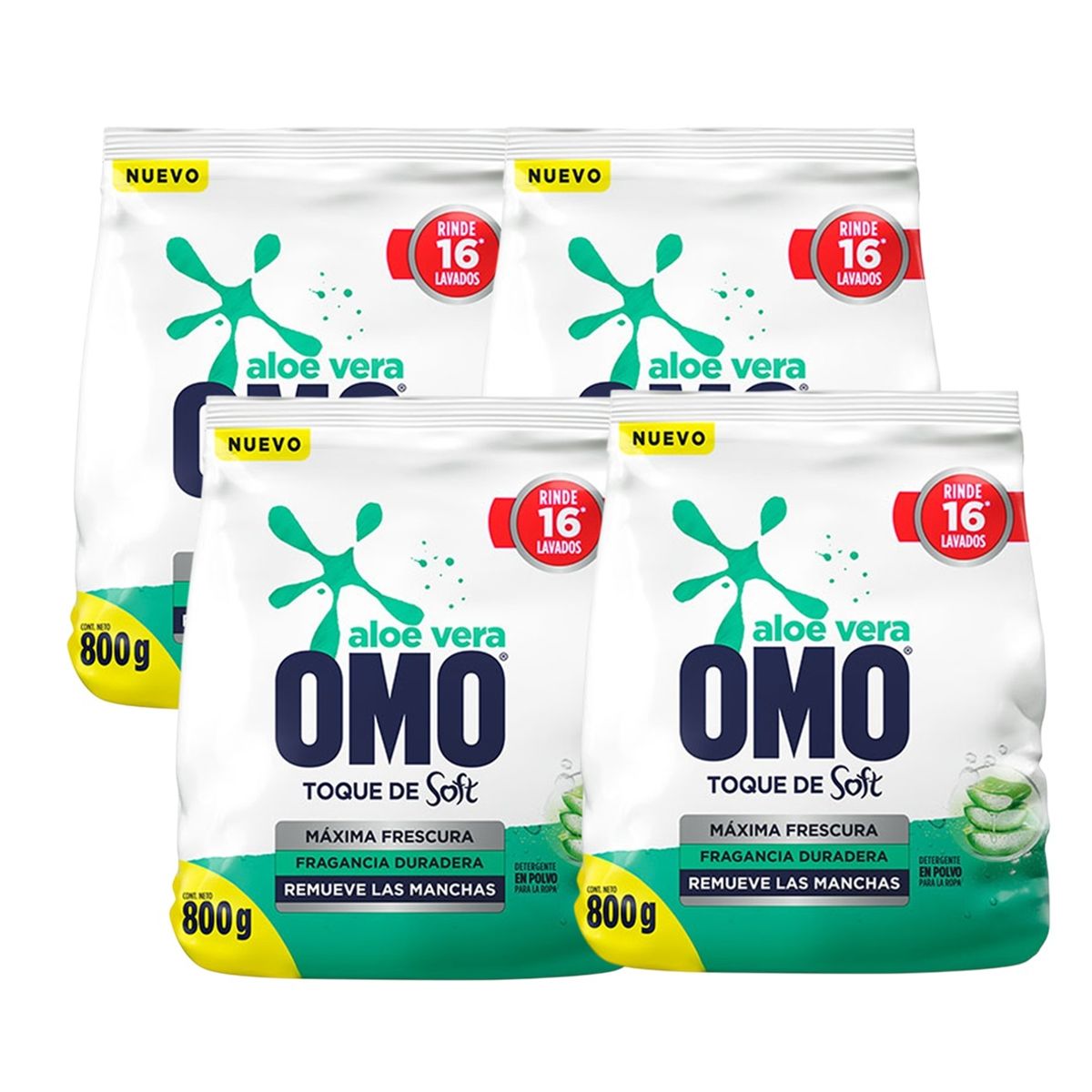 OMO - X4 Detergente Omo Polvo Frescura Aloe Vera Toque De Soft 800g