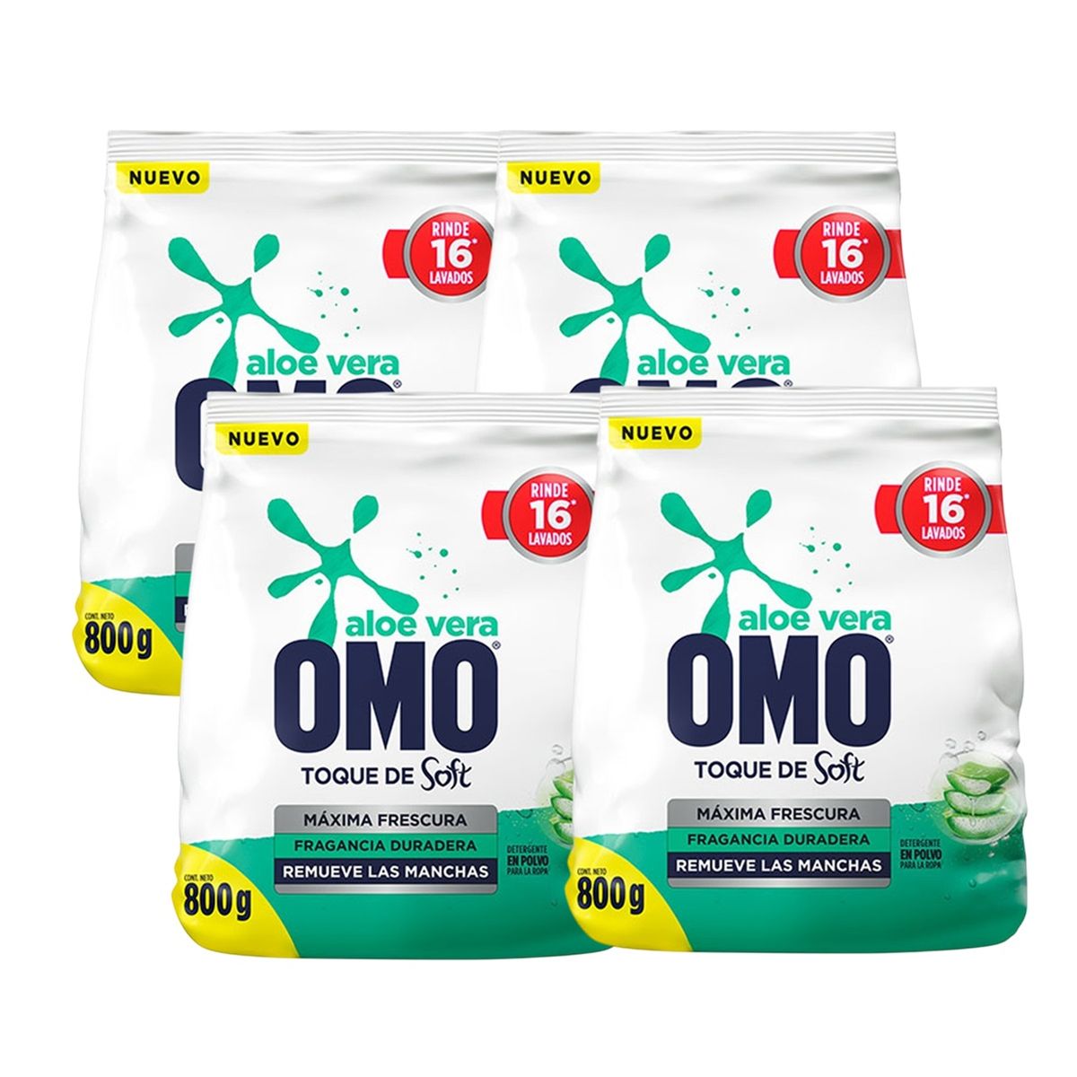 OMO - X4 Detergente Omo Polvo Frescura Aloe Vera Toque De Soft 800g