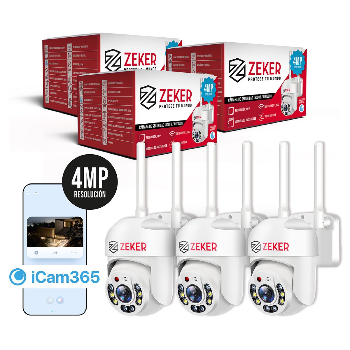 ZEKER - Pack X3 Camara De Seguridad Wifi Impermeable Zeker 4mp 5g