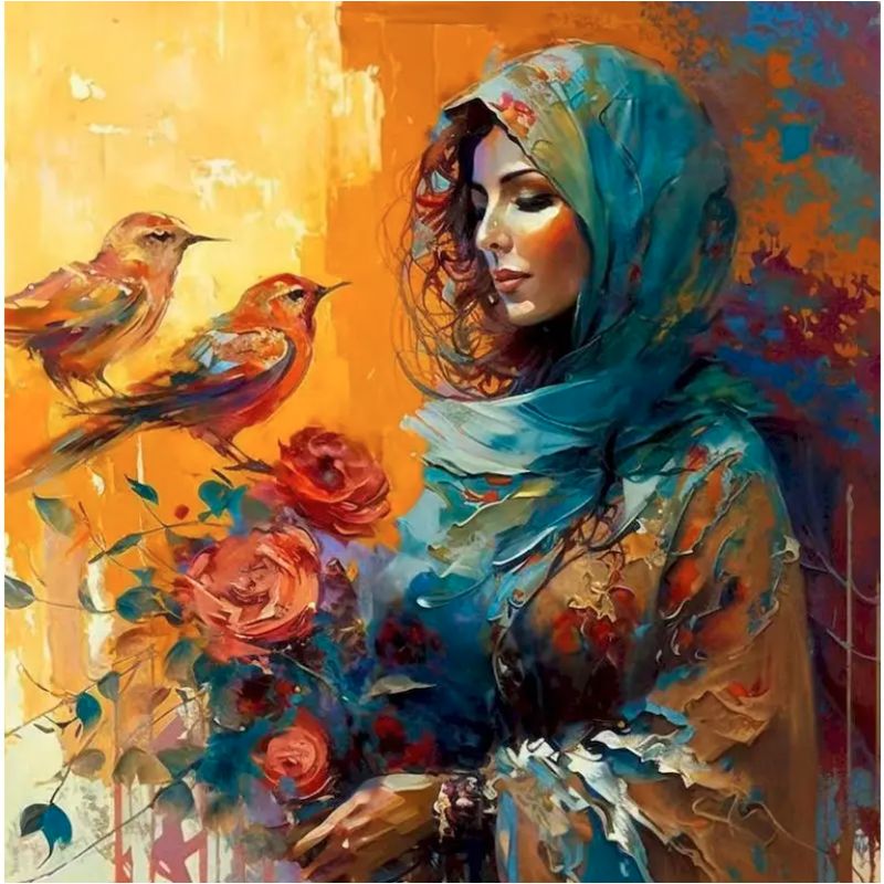 GENERICO - Pintura Por Numeros Mujer Con Flores Pajaros Posando 40x50