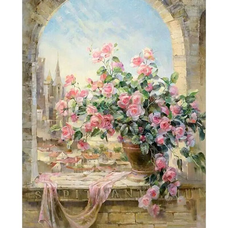 GENERICO - Pintura Por Numeros Flores Ventana Castillo Manualidad 40x50