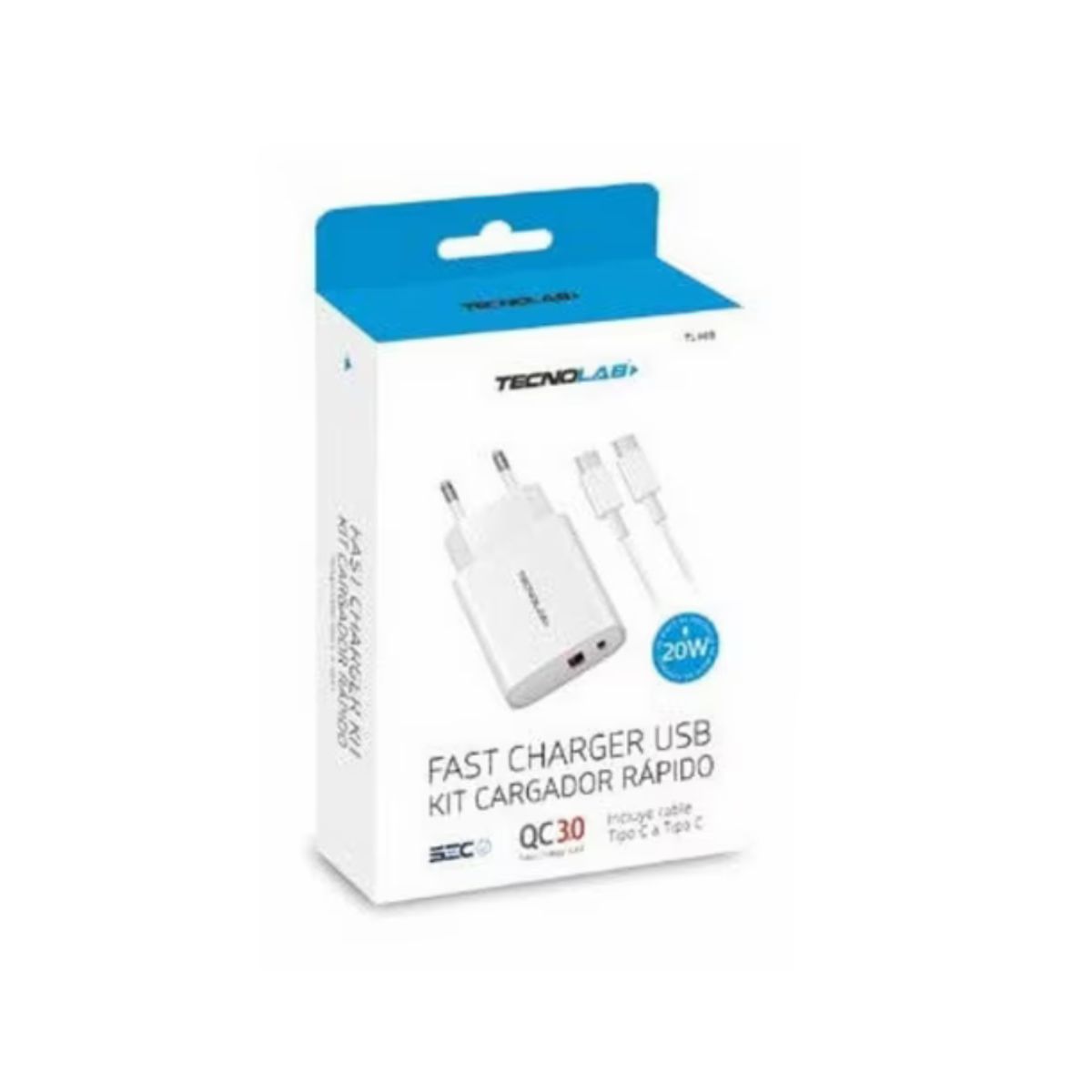 TECNOLAB - CARGADOR USB TECNOLAB USB CARGA RAPIDA + CABLE TIPO C A LIGHTNING BLANCO