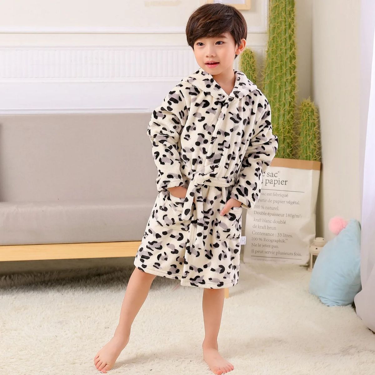 JUMP KIDS - Batas De Baño Con Capucha Y Bolsillos Polar Niño Y Niña  Animal Print Negro