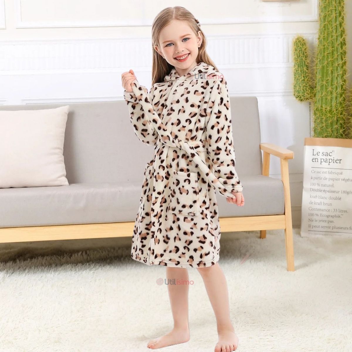 JUMP KIDS - Bata De Baño Con Capucha Y Bolsillos Polar Niño Y Niña Animal Print Cafe