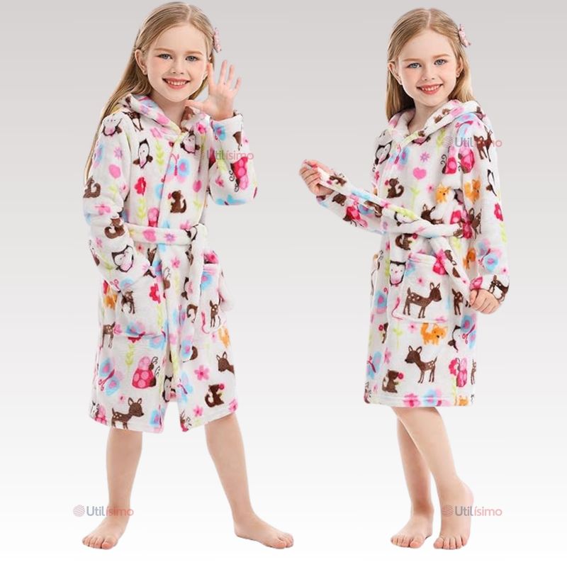 LB CHILE - Bata De Baño Con Capucha Y Bolsillos Polar Niña Animales de Colores