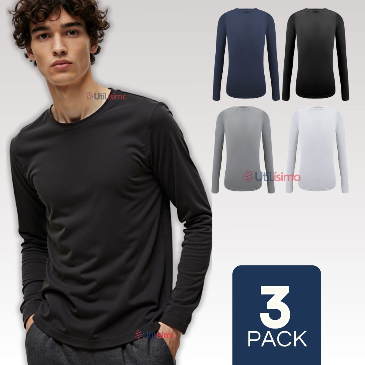 UTILISIMO - Pack 3 Camiseta Cuello Redondo Bambú Manga Larga Juvenil Polera Colores Surtidos