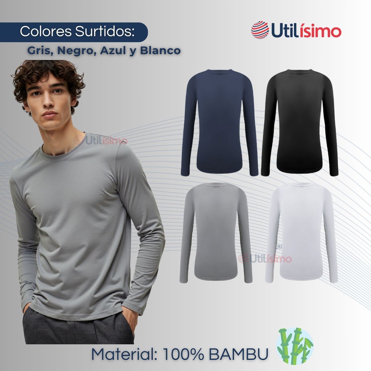 UTILISIMO - Pack 3 Camiseta Cuello Redondo Bambú Manga Larga Juvenil Polera Colores Surtidos