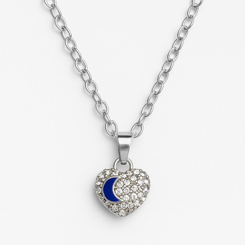 GENERICO - Collar de Plata con Dije Corazón y Luna en Cristales Azules  Elegancia que Inspira