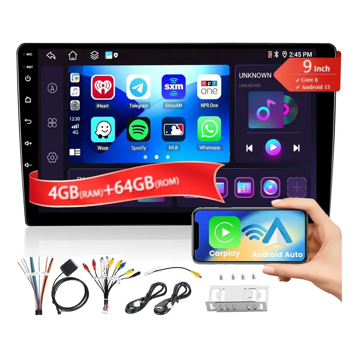 KUANGYE - Radio 9 Con Carplay Android Auto Qled 4gb 64gb Inalámbrico