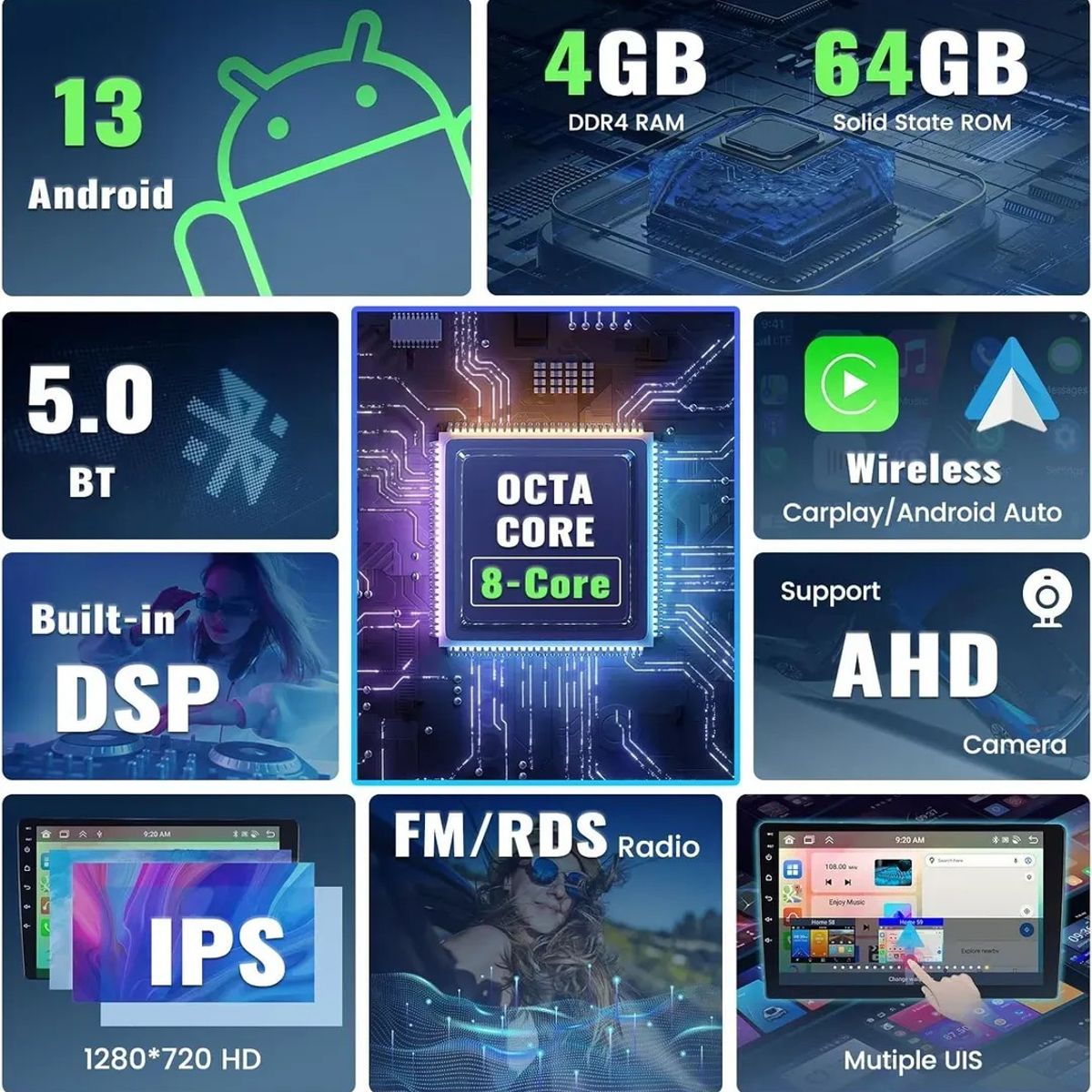 KUANGYE - Radio 9 Con Carplay Android Auto Qled 4gb 64gb Inalámbrico