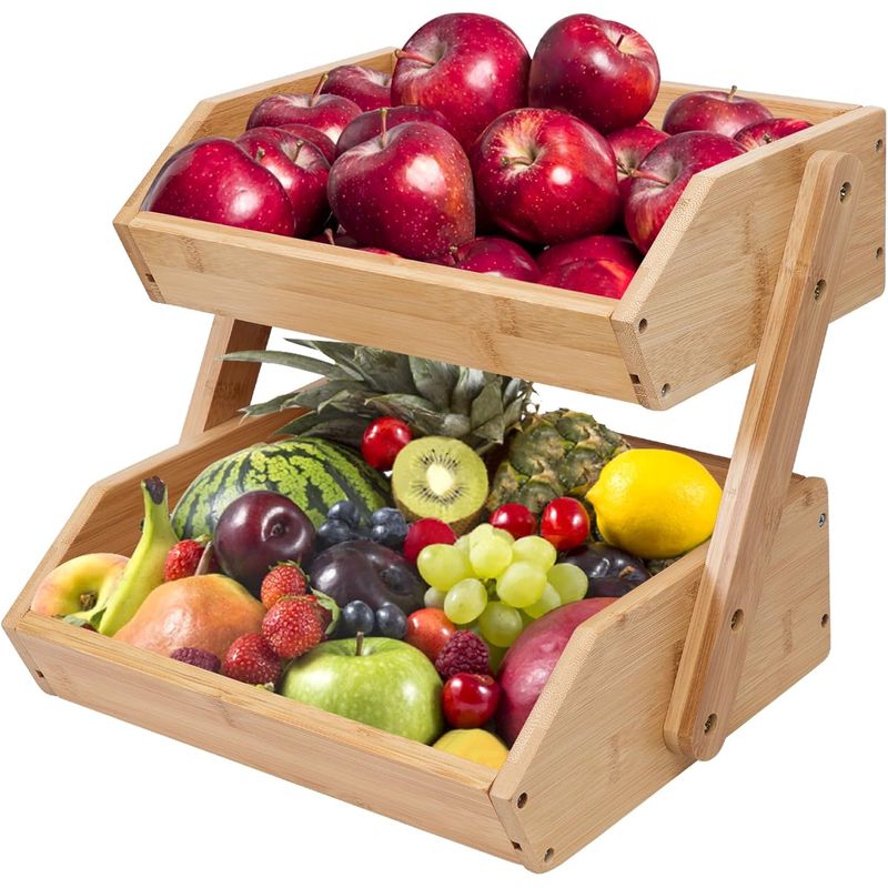 NEWTREE - Frutero De Mesa Cesta 2 Niveles Organizador Madera Bambu