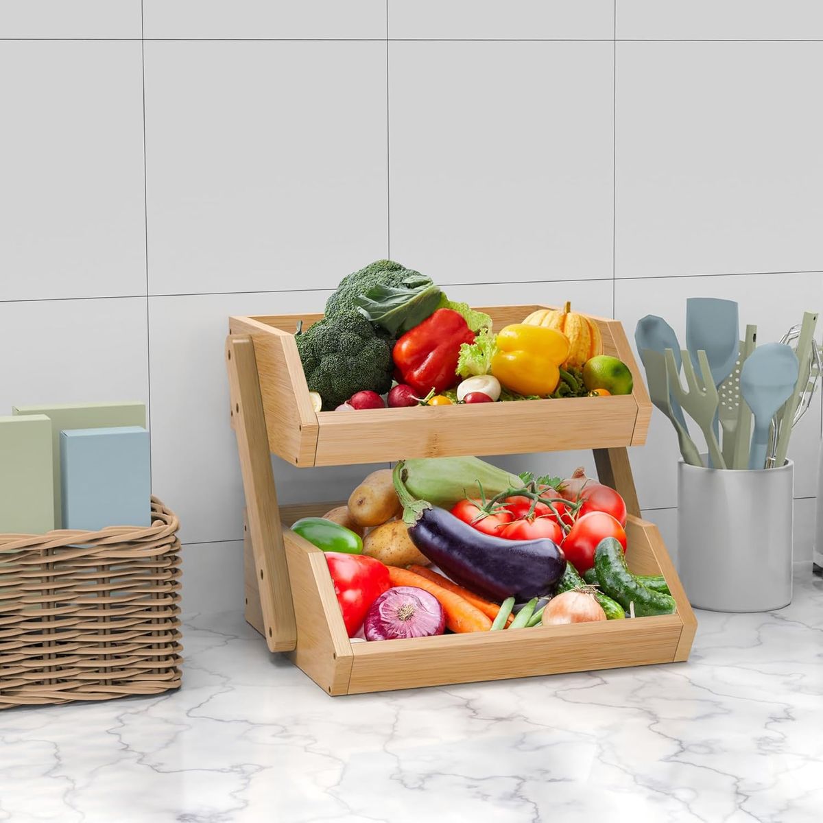 NEWTREE - Frutero De Mesa Cesta 2 Niveles Organizador Madera Bambu