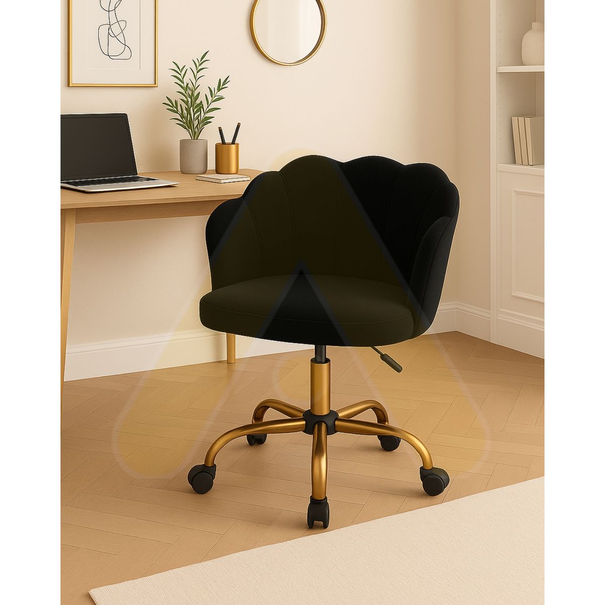 HABITA2 CHILE - Silla Escritorio Ostra Felpa Negro Pedestal Dorado