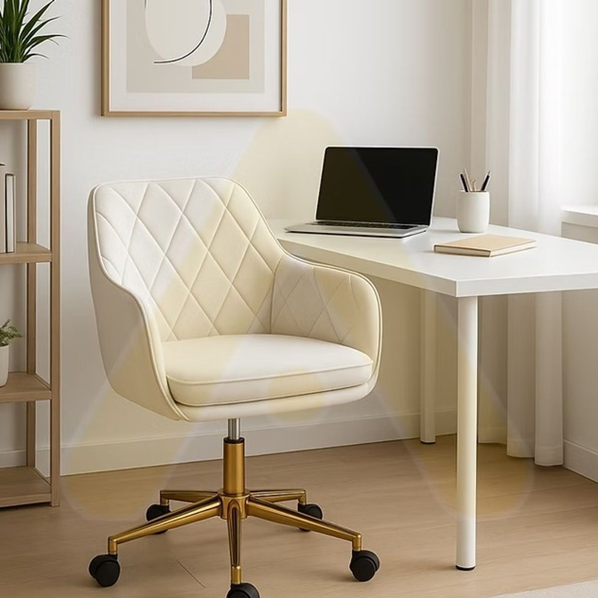 HABITA2 CHILE - Silla Escritorio Lux Felpa Beige Pedestal Dorado