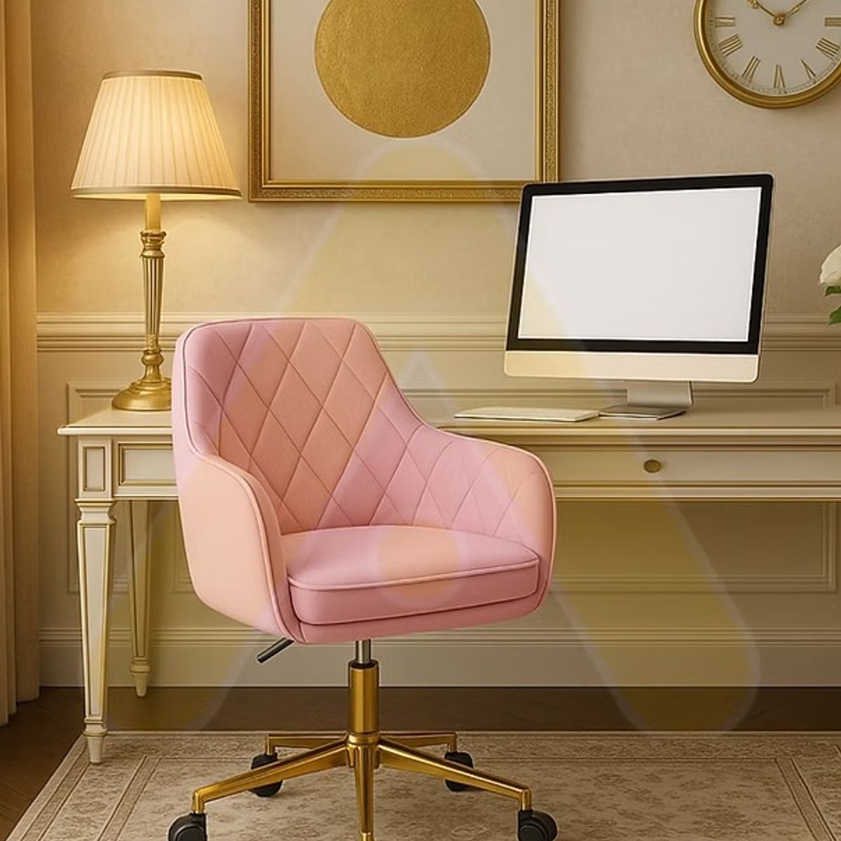 HABITA2 CHILE - Silla Escritorio Lux Felpa Rosado Pedestal Dorado