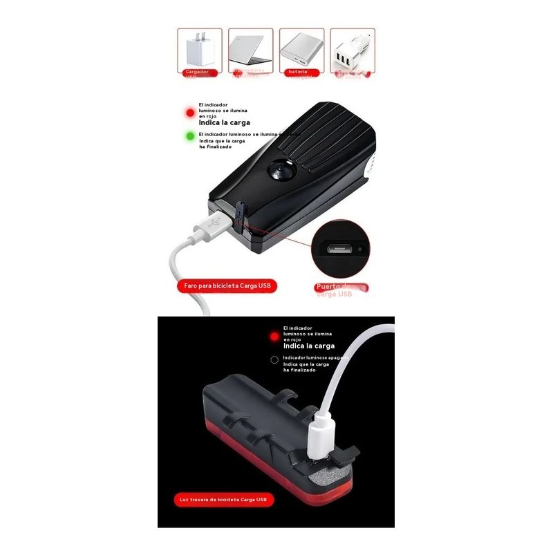 GENERICO - Kit luces bicicleta faro y luces traseras recargables