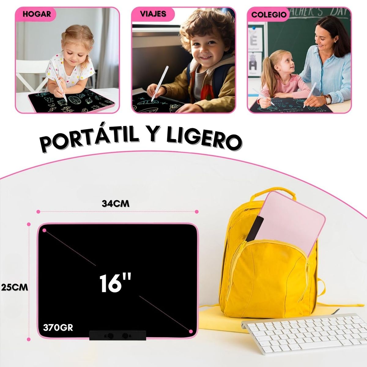 GENERICO - Pizarra Mágica Para Niños Juguete Recargable 16 Tablet Lcd Rosa