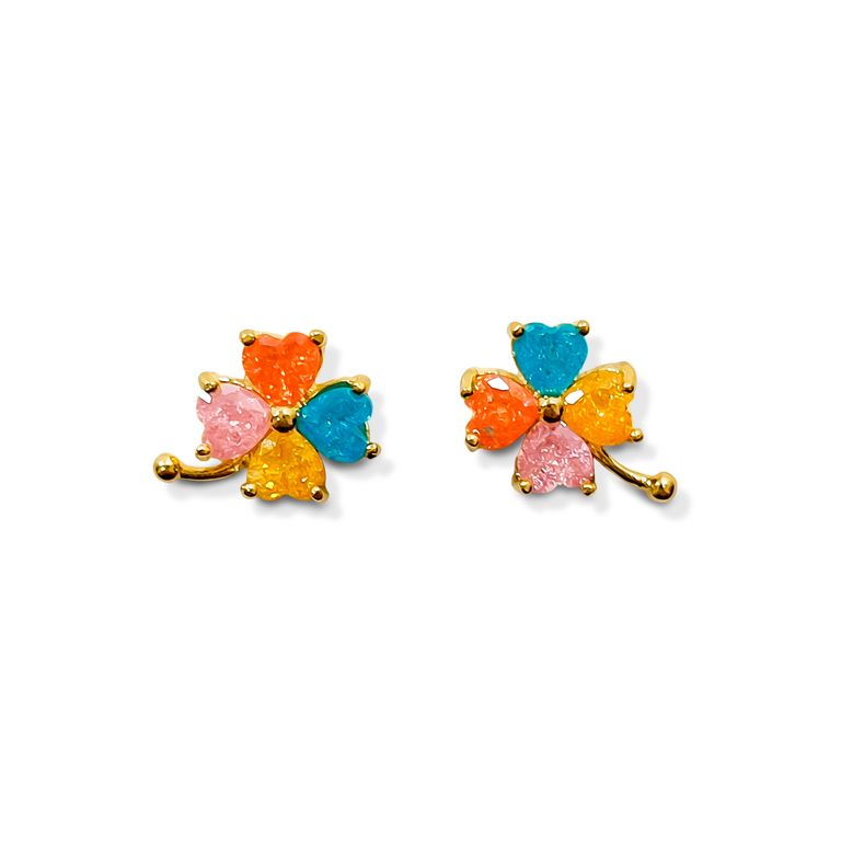 Aros Trebol 4 Colores Circon Enchapado Oro 18K Multicolor TALLA UNICA