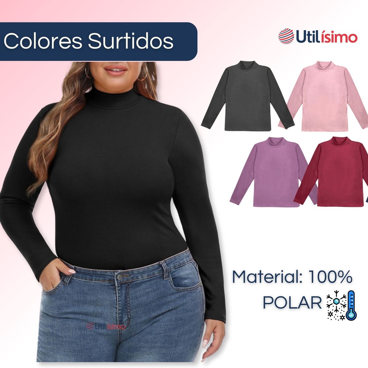 UTILISIMO - Pack 3 Camiseta Cuello Beatle Polar Manga Larga Mujer polera Colores Surtidos