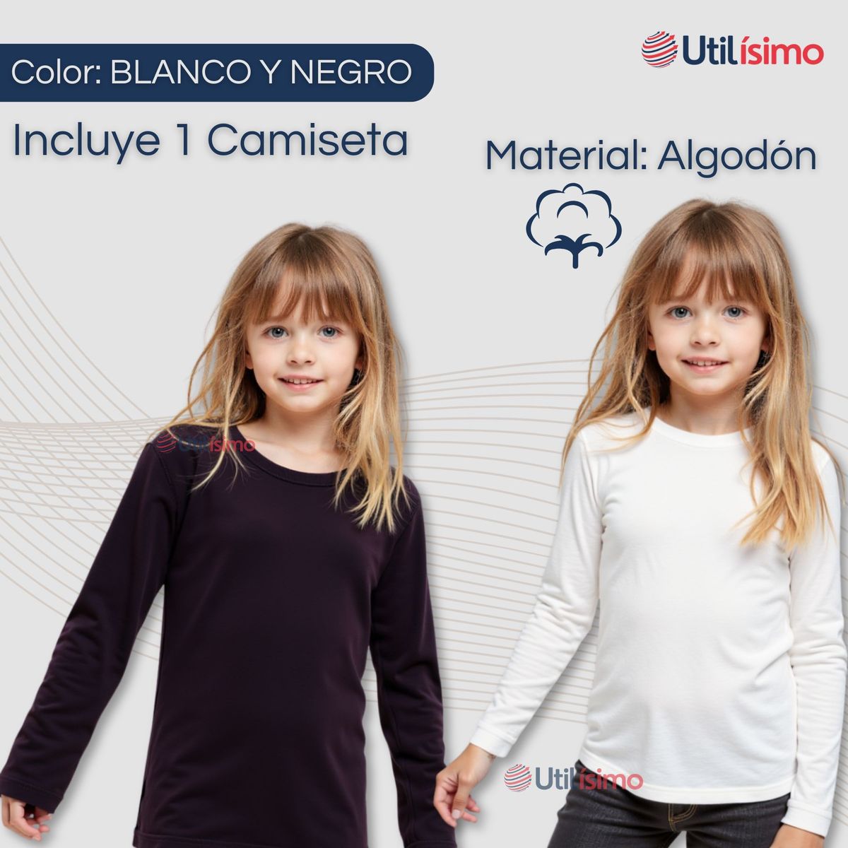 UTILISIMO - Camiseta Algodón Manga Larga Primera Capa Niña Polera Blanco y Negro