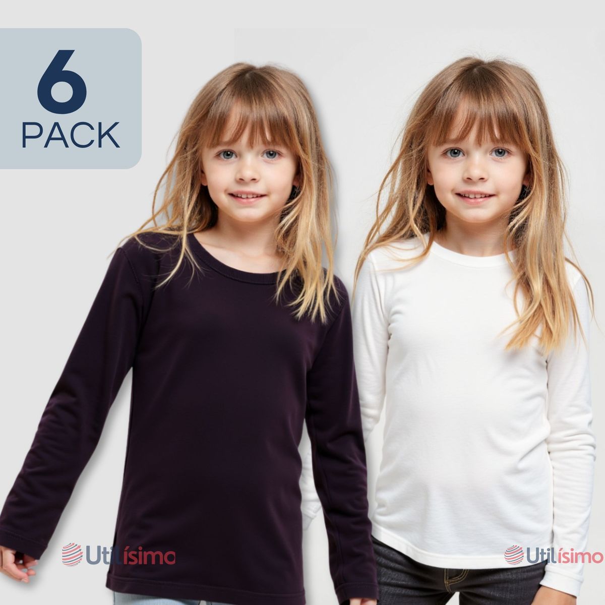 UTILISIMO - Pack 6 Camisetas Algodón Manga Larga Primera Capa Niña Polera Blanco y Negro