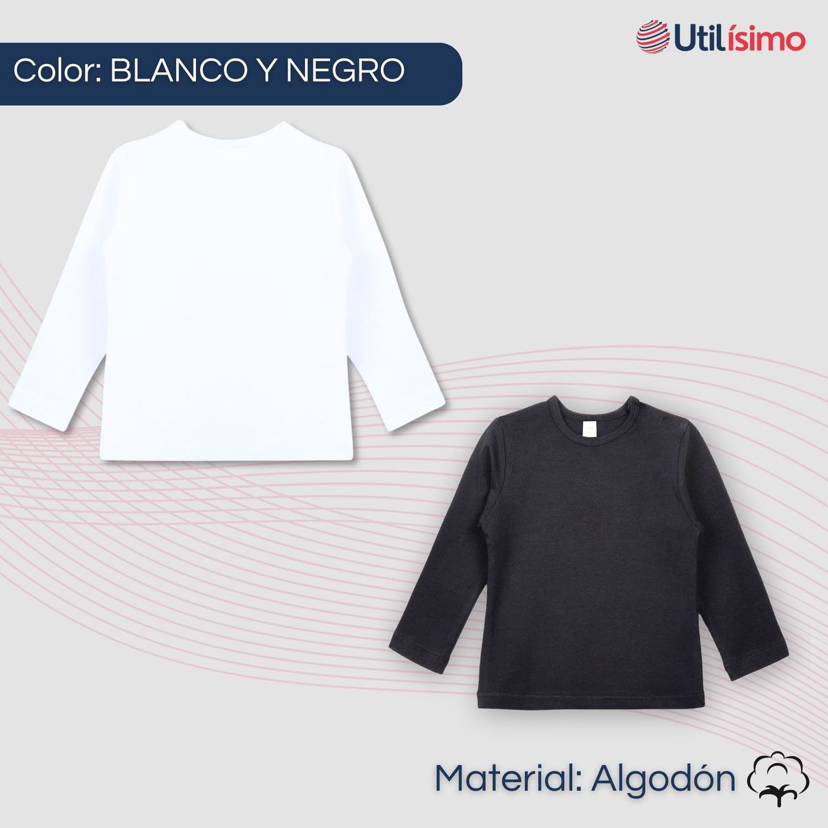 UTILISIMO - Pack 6 Camisetas Algodón Manga Larga Primera Capa Niña Polera Blanco y Negro