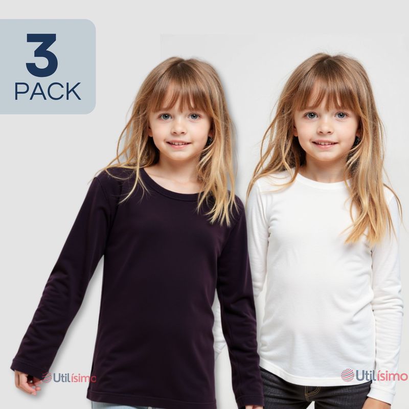 UTILISIMO - Pack 3 Camisetas Algodón Manga Larga Primera Capa Niña Polera Blanco y Negro