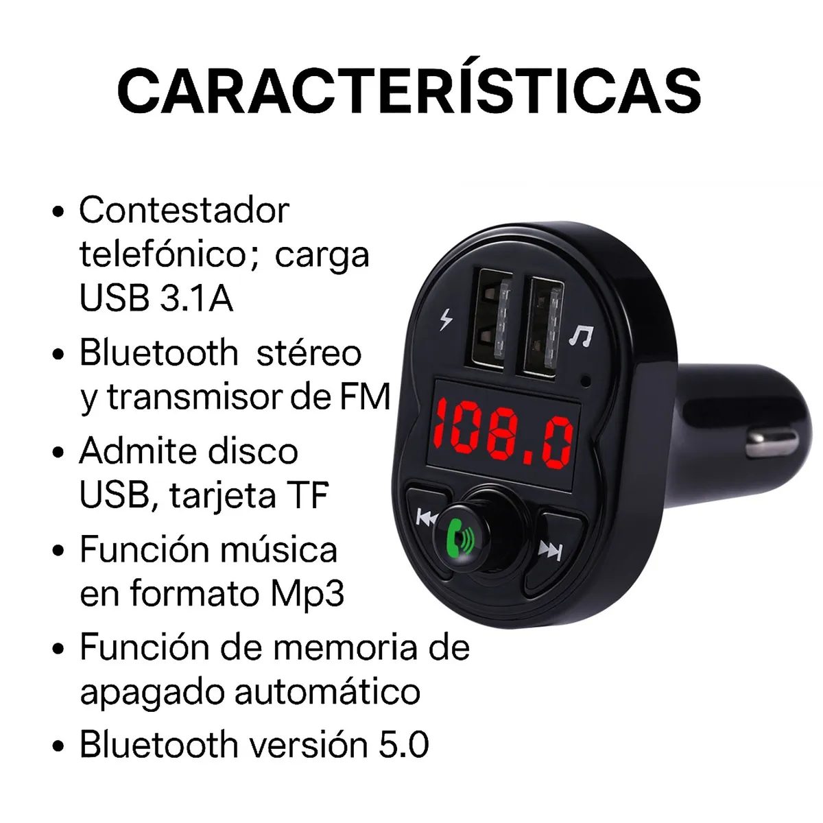 MOTOMO - Transmisor FM Receptor Bluetooth Carga USB Puerto TF MO-02