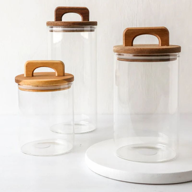 GENERICO - Set de 3 Frascos de Vidrio con Tapa de Madera de Acacia