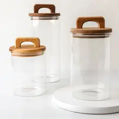 GENERICO - Set de 3 Frascos de Vidrio con Tapa de Madera de Acacia