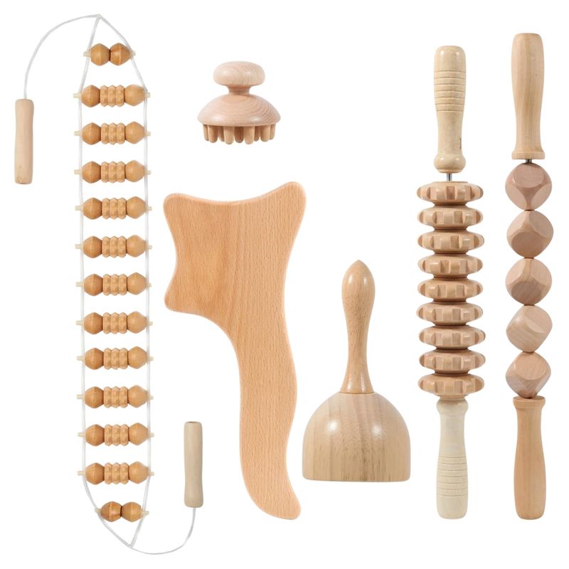 GENERICO - Set Maderoterapia 6 Piezas Rodillo Para Masaje Gua Sha