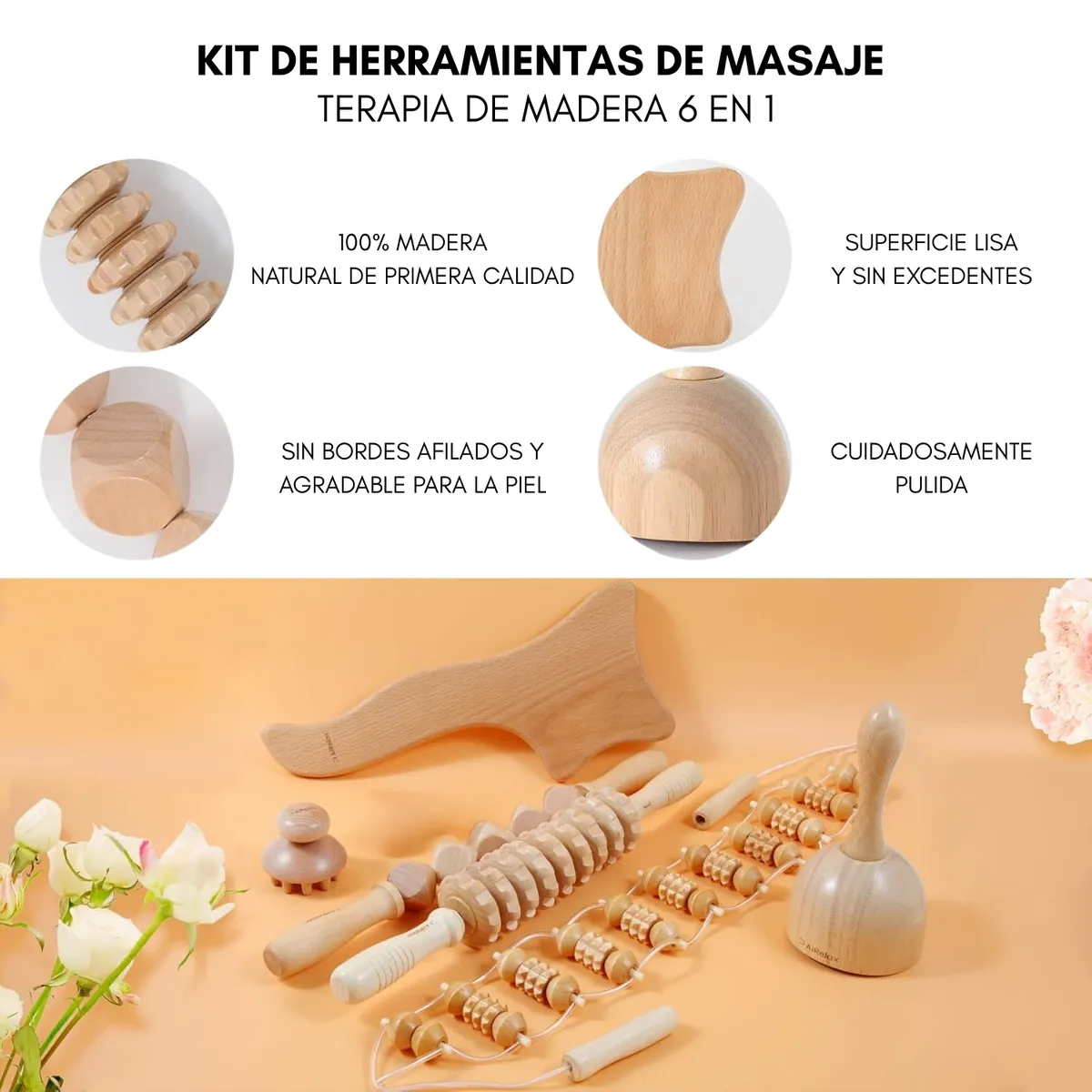 GENERICO - Set Maderoterapia 6 Piezas Rodillo Para Masaje Gua Sha