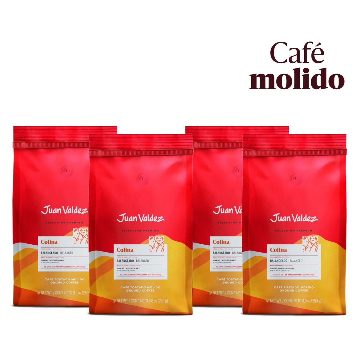 JUAN VALDEZ - Pack 4 Cafés de Grano Molido Colina 250 grs