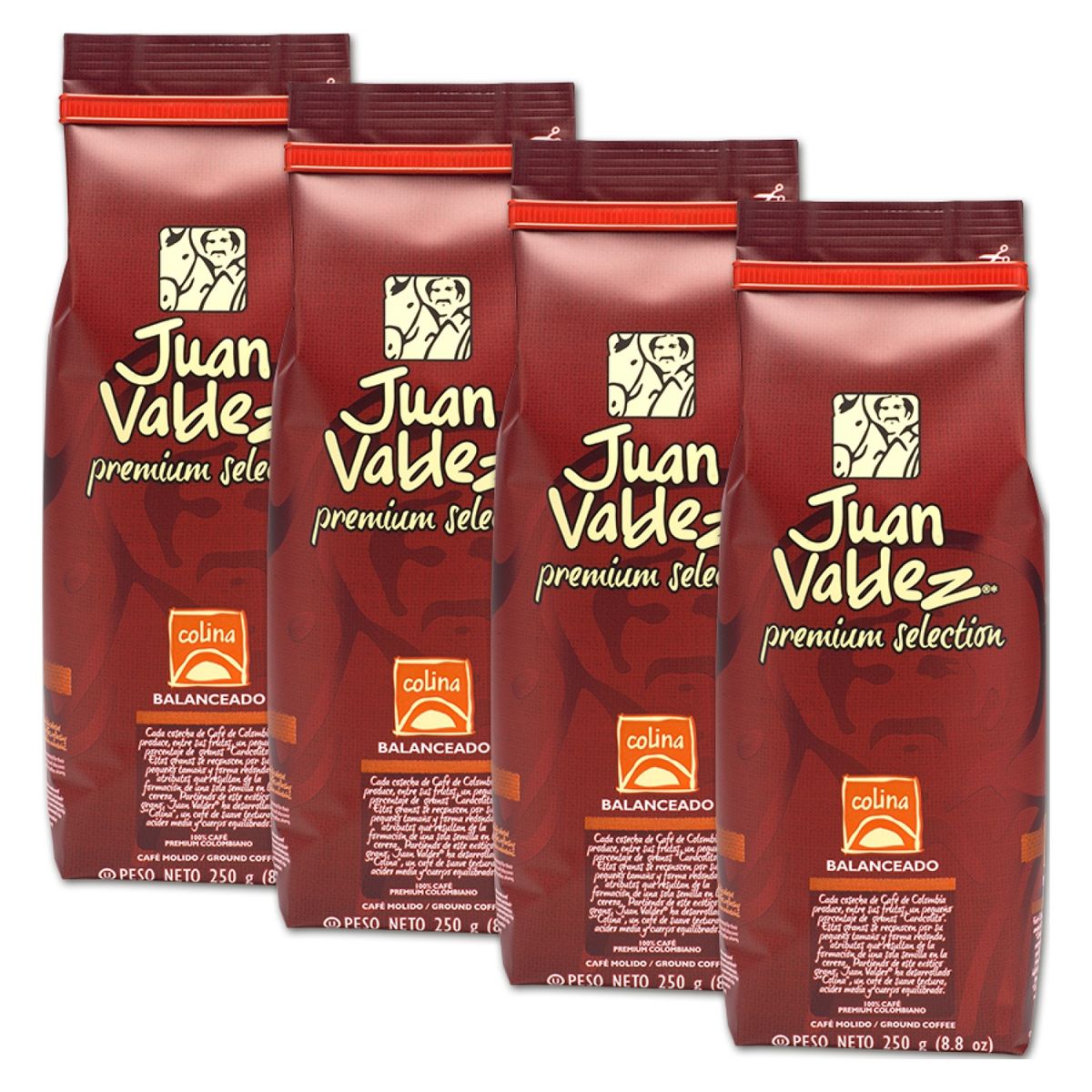 JUAN VALDEZ - Pack 4 Cafés de Grano Molido Colina 250 grs