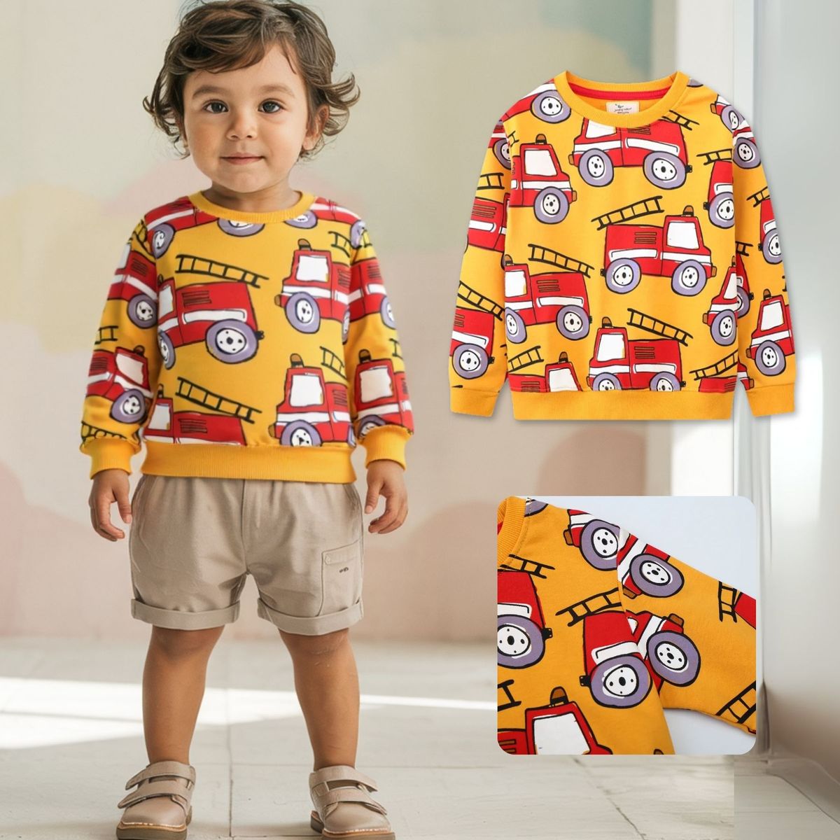 JUMP KIDS - Polerón Algodón Cuello Redondo Niño Mostaza Bomberos