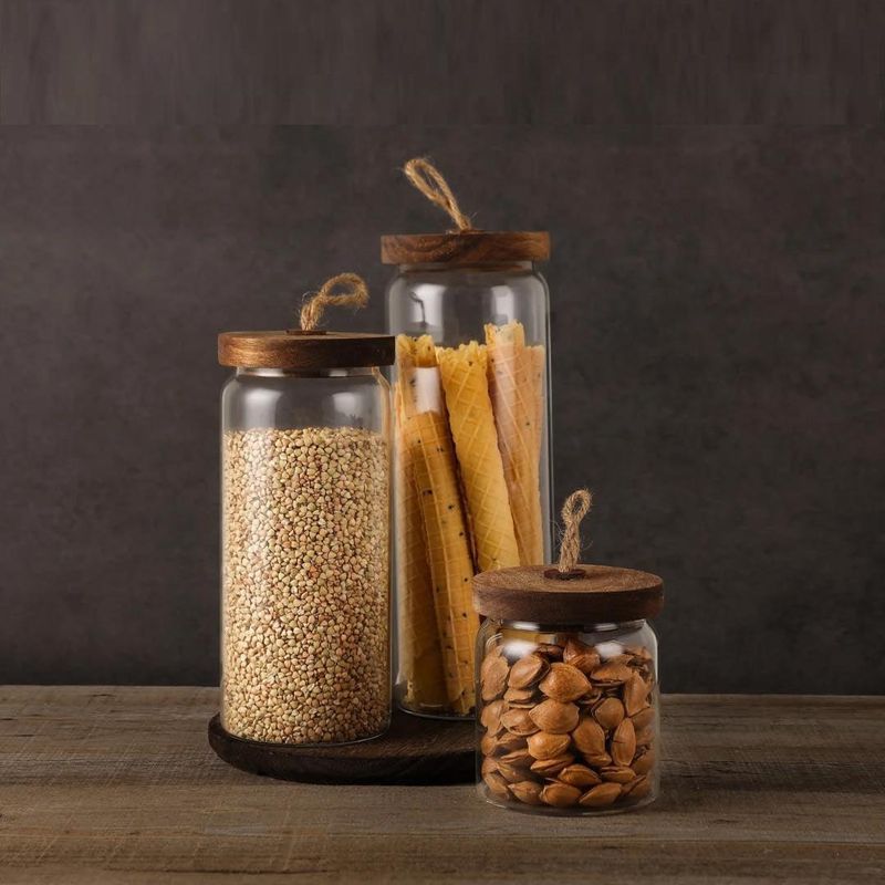 GENERICO - Set de 3 Frascos de Vidrio con Tapa de Madera de Acacia