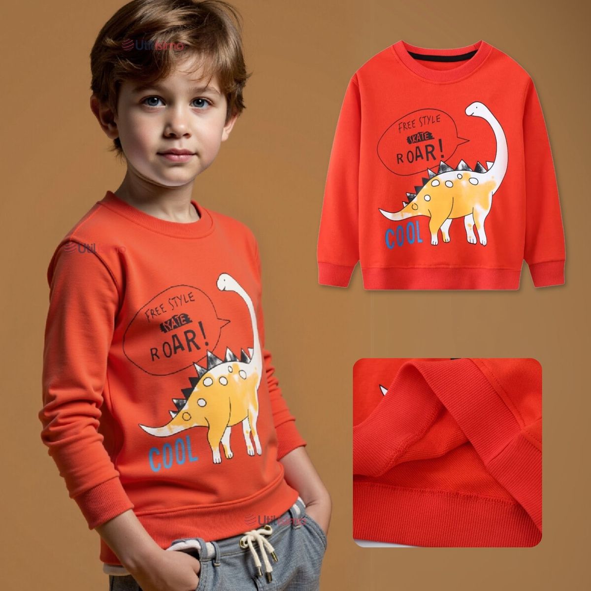 JUMP KIDS - Polerón Algodón Cuello Redondo Niño Naranja Dinosaurio