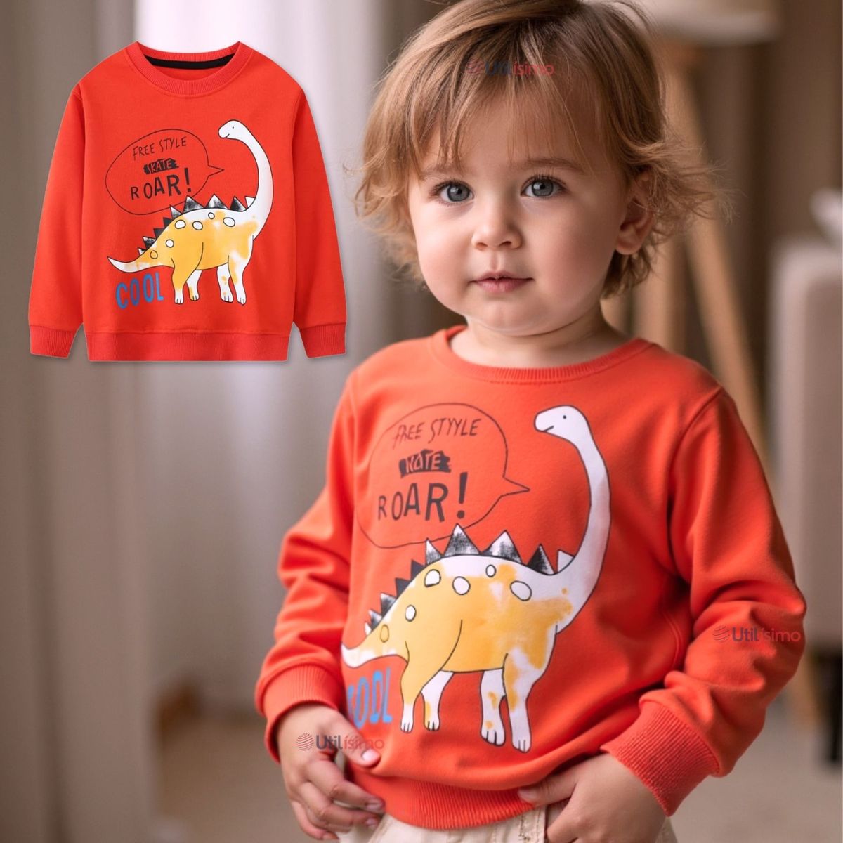 JUMP KIDS - Polerón Algodón Cuello Redondo Niño Naranja Dinosaurio