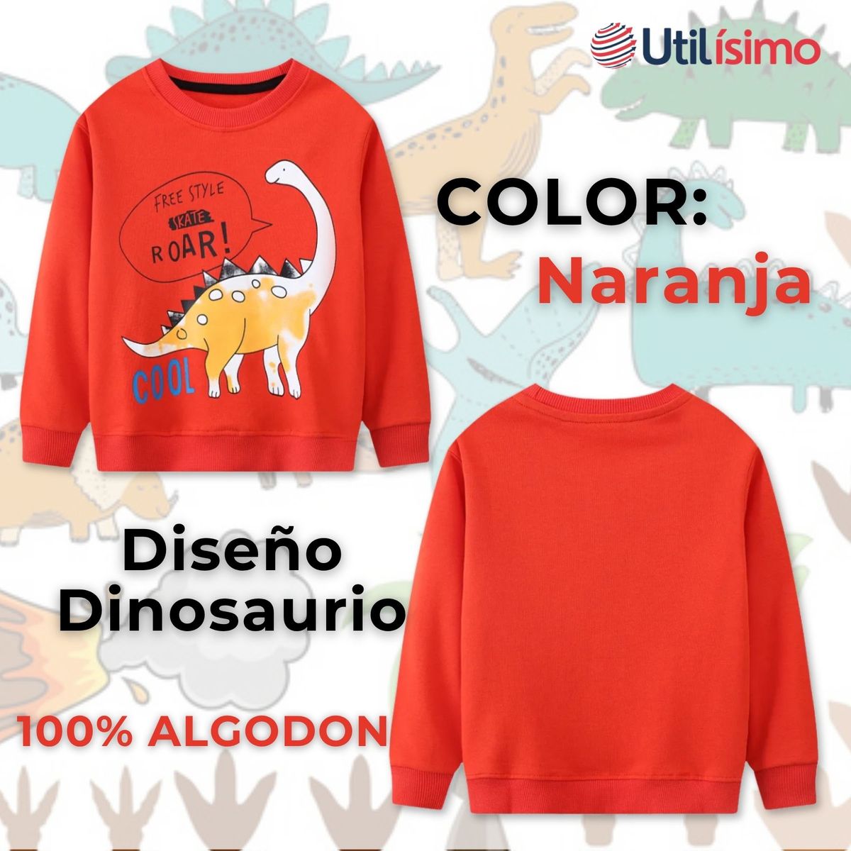 JUMP KIDS - Polerón Algodón Cuello Redondo Niño Naranja Dinosaurio