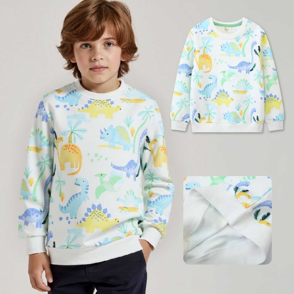 JUMP KIDS - Polerón Algodón Cuello Redondo Niño Blanco Dinosaurio