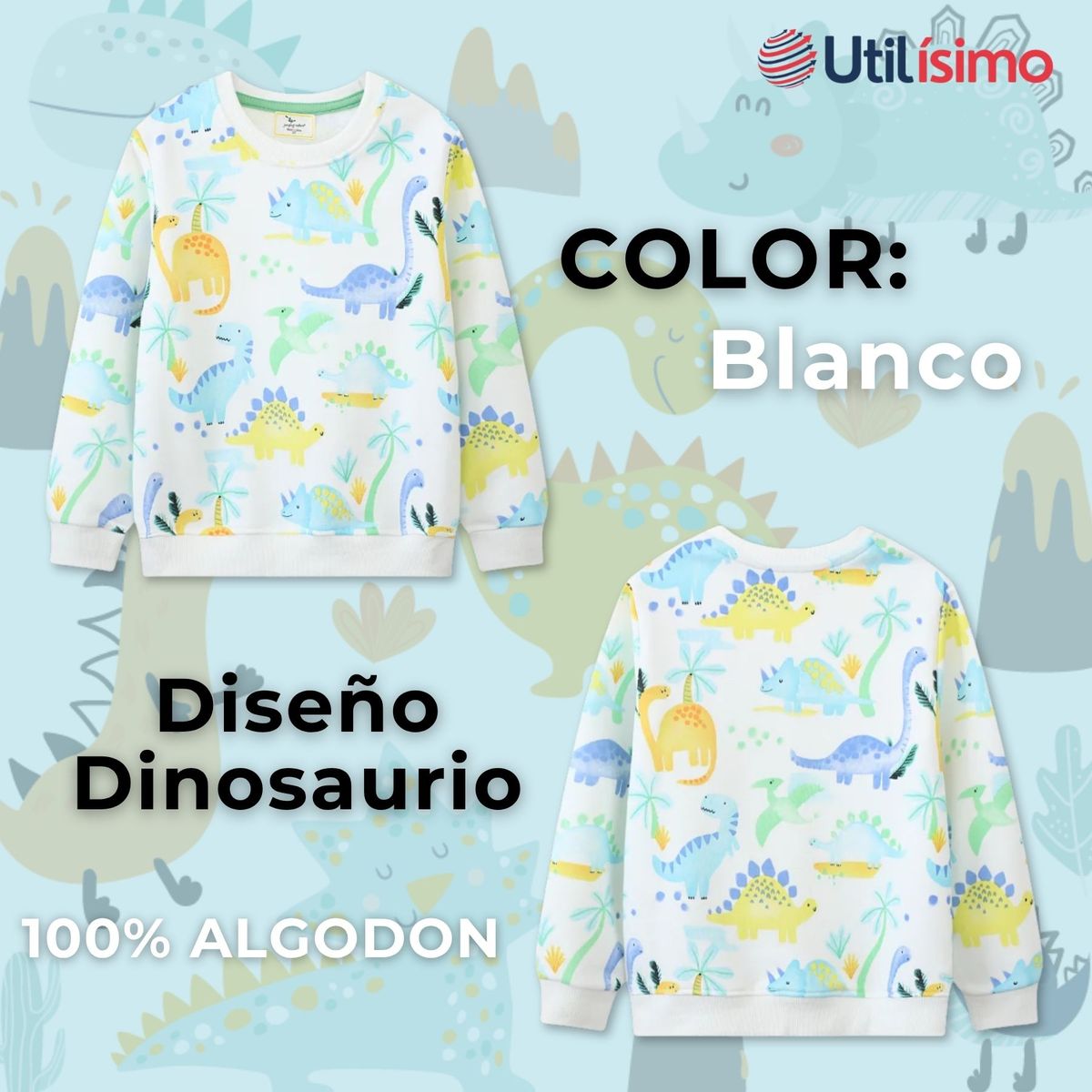 JUMP KIDS - Polerón Algodón Cuello Redondo Niño Blanco Dinosaurio
