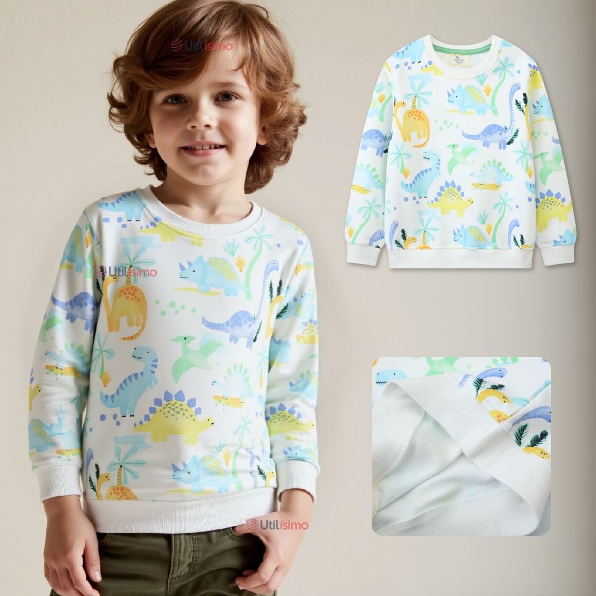 JUMP KIDS - Polerón Algodón Cuello Redondo Niño Blanco Dinosaurio
