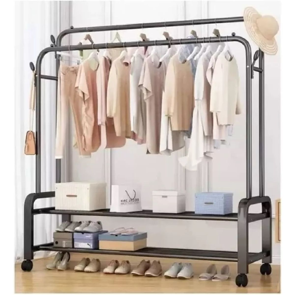 GENERICO - Perchero NEGRO Doble Barra Organizador De Ropa Con Ruedas 48 KG WM