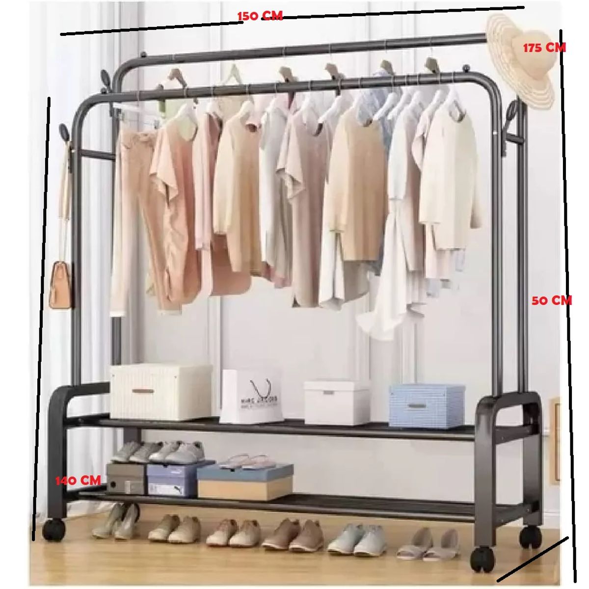 GENERICO - Perchero NEGRO Doble Barra Organizador De Ropa Con Ruedas 48 KG WM