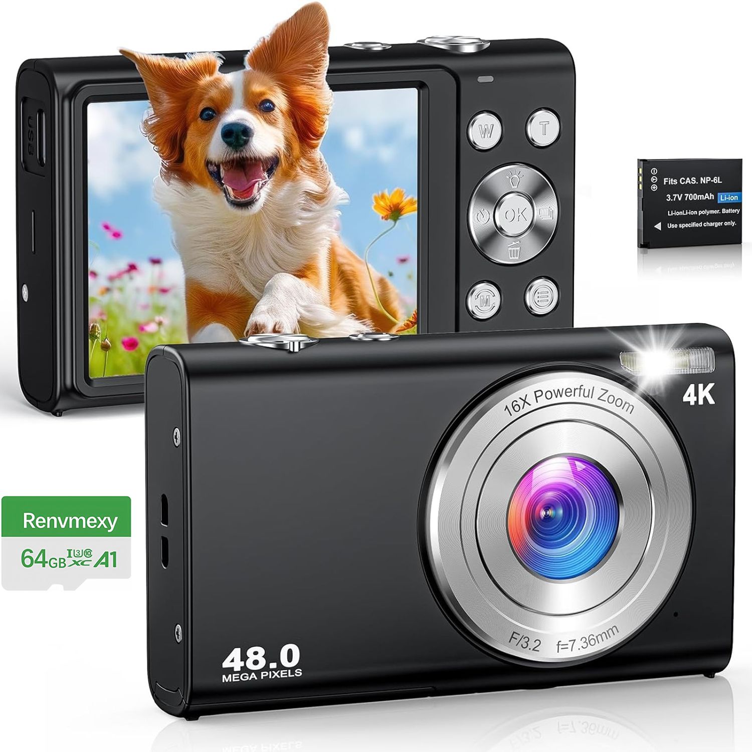 RENVMEXY Cámara Digital Negra 4K 48MP Profesional Zoom 16X + 64GB