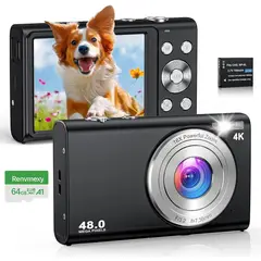 RENVMEXY - Cámara Digital Negra 4K 48MP Profesional Zoom 16X + 64GB
